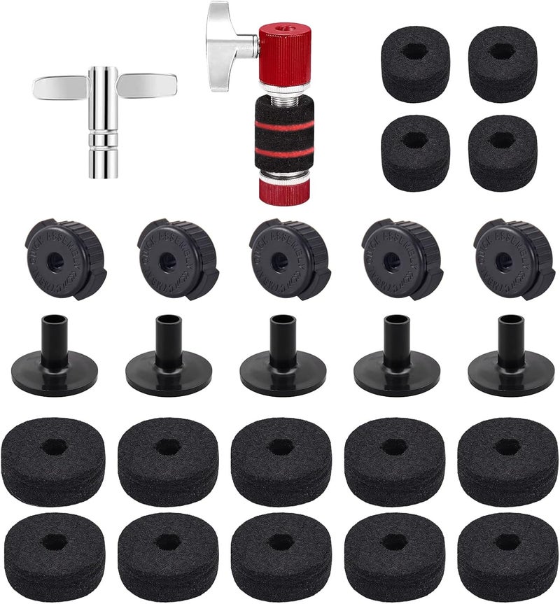 Seteol 26PCS Cymbal Replacement Accessories, Standard Hi-Hat Clutch & Cymbal Stand Felts & Plastic Cymbals Nuts & Cymbals Sleeves & Clutch Felts and Drum Key T-Shape, Replacement for Drum Set - Image 1